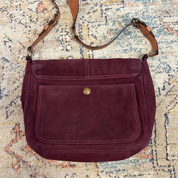 Rare Coach crossbody messenger bag purple nubuck leather w/camel leather strap - Picture 2 of 12